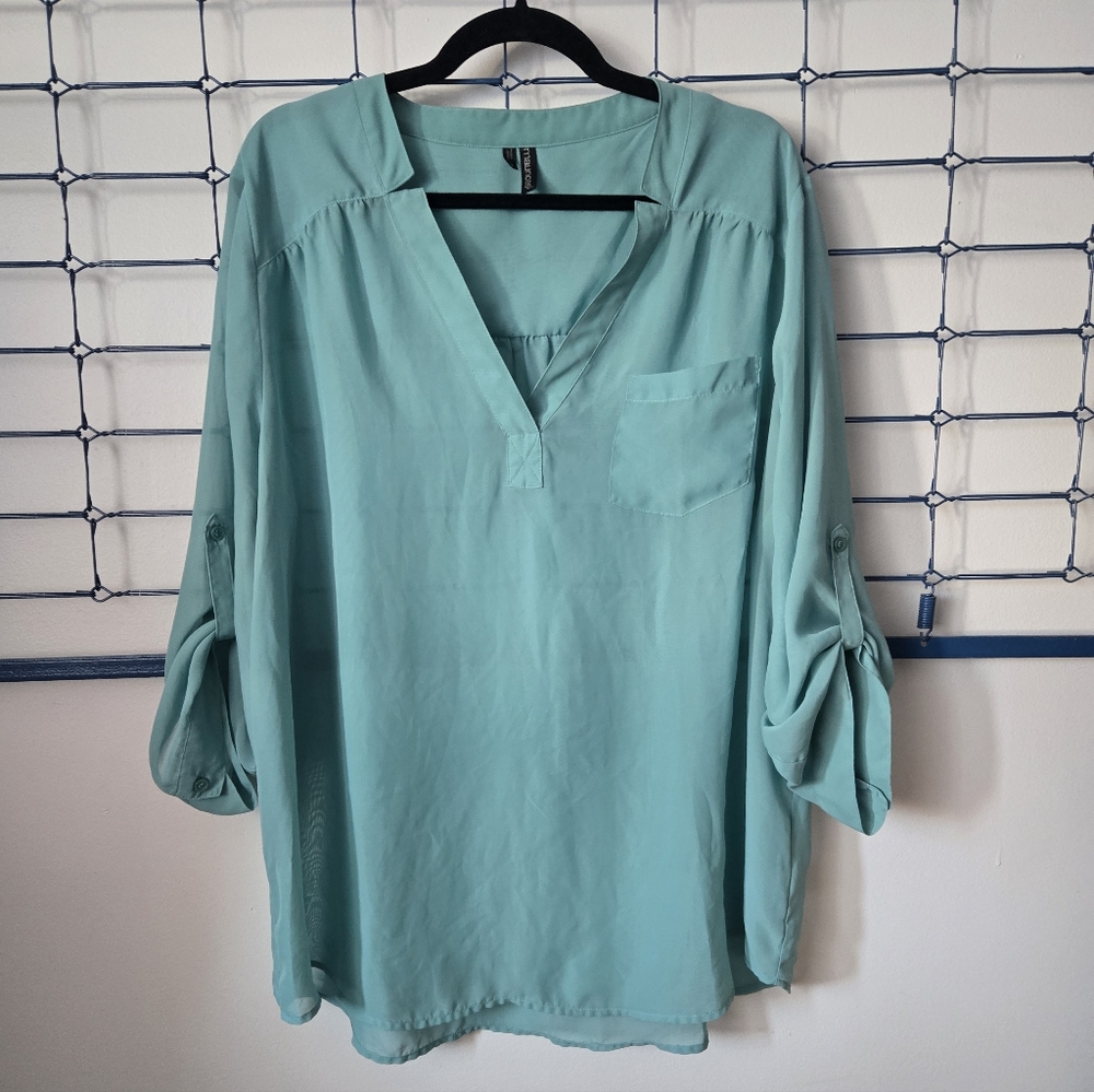 Maurices Teal Blouse with Roll-Up Sleeves